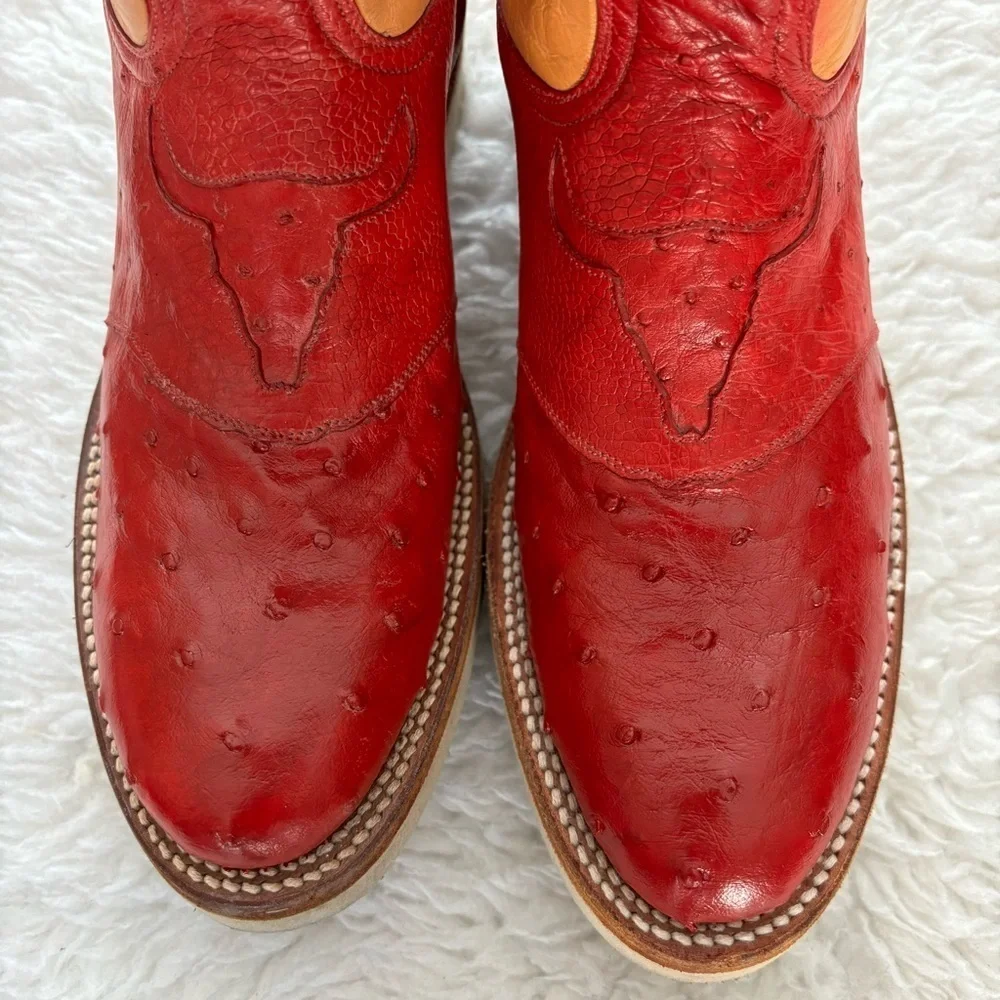 Rudy Lara Genuine Ostrich skin 2Tone Red/Cognac Leather Women’s Western Boots 7
